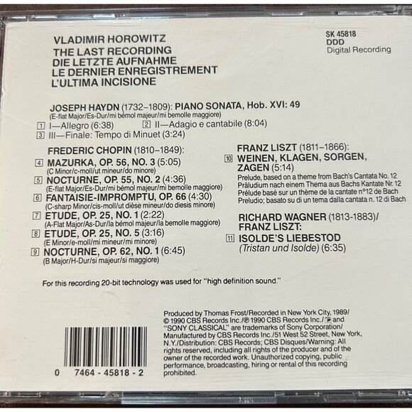 Vladimir Horowitz "The Last Recording" CD - Classical Chopin Haydn Liszt Wagner - Picture 7 of 10
